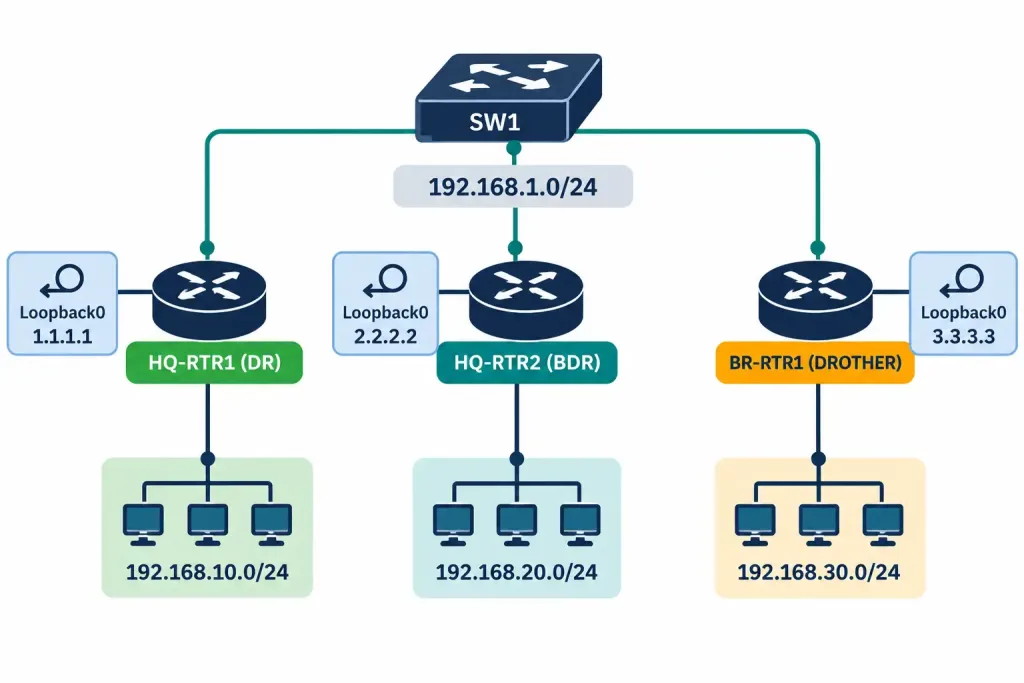 Configure And Verify Single-Area Ospfv2 6 Topology Diagram Of Three Routers Sharing A Multi-Access Segment With Dr, Bdr, And Drother Roles Labeled