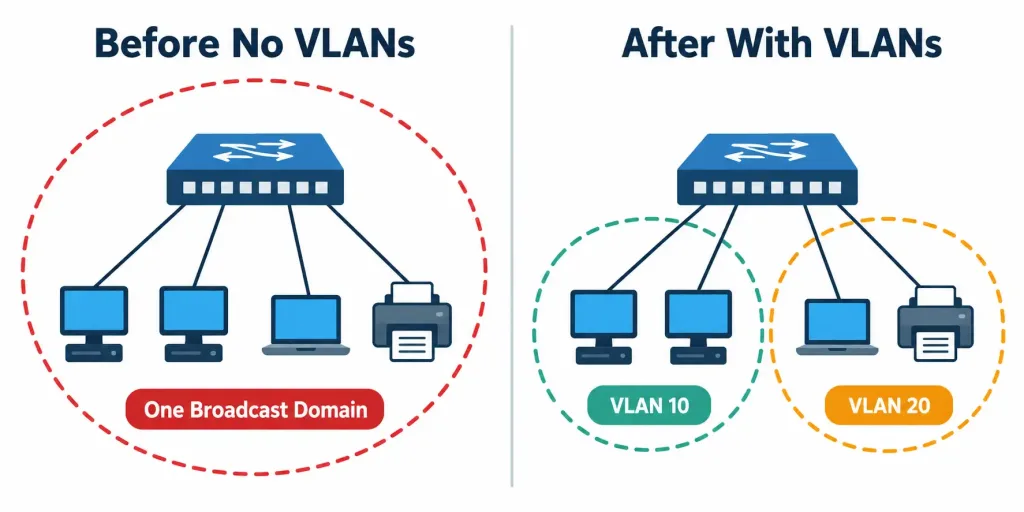 Configuring And Verifying Vlans Spanning Multiple Switches 2 Comparison Showing A Single Switch As One Broadcast Domain Before Vlans Versus Divided Into Two Separate Vlans After Configuration