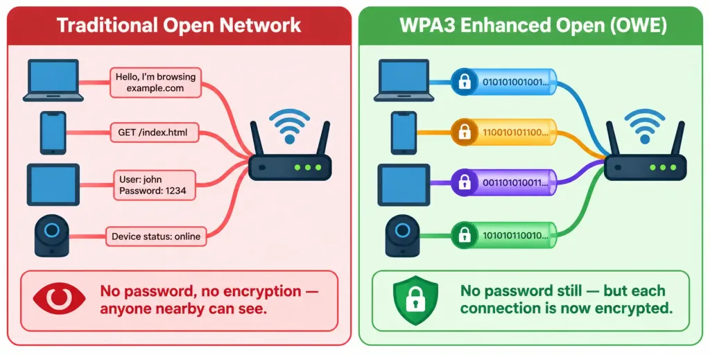 Describe Wireless Security Protocols 4 Comparison Diagram Showing Unencrypted Traditional Open Networks Versus Wpa3'S Enhanced Open Providing Per-Client Encryption