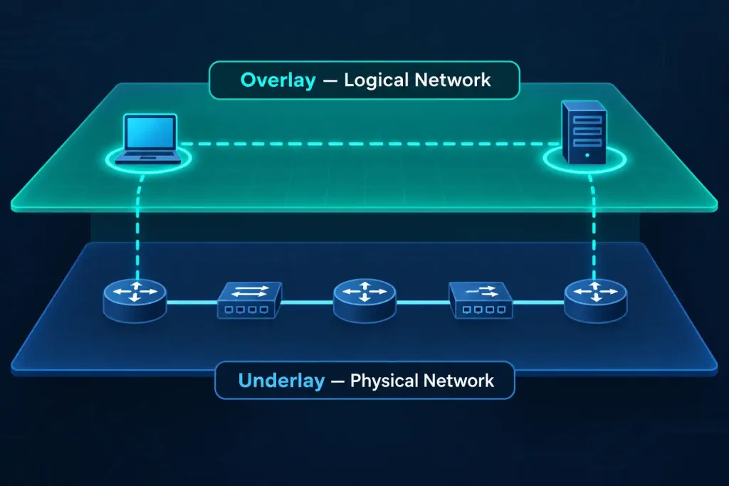 Describe Controller-Based And Software-Defined Architectures 2 Diagram Showing A Logical Overlay Network Floating Above A Physical Underlay Network With Real Hardware