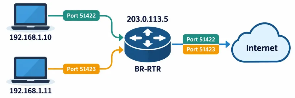 Lesson 2.1.3 — Nat And Pat For Address Translation 2 Diagram Showing Two Internal Hosts Sharing One Public Ip Address, Distinguished By Unique Port Numbers Under Pat