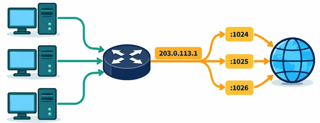 Configure And Verify Inside Source Nat: Static And Pools 5 Diagram Showing Multiple Internal Hosts Sharing One Public Ip Address Distinguished By Different Source Ports