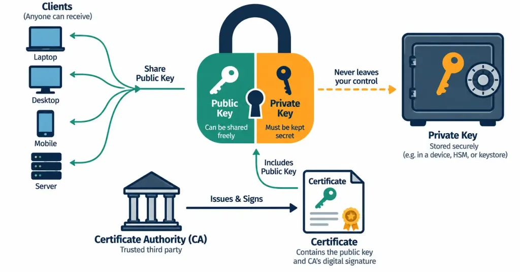 Lesson 4.1.2 — Certificates &Amp; Pki 2 Diagram Showing A Public/Private Key Pair And A Certificate Authority Issuing A Signed Certificate Containing The Public Key