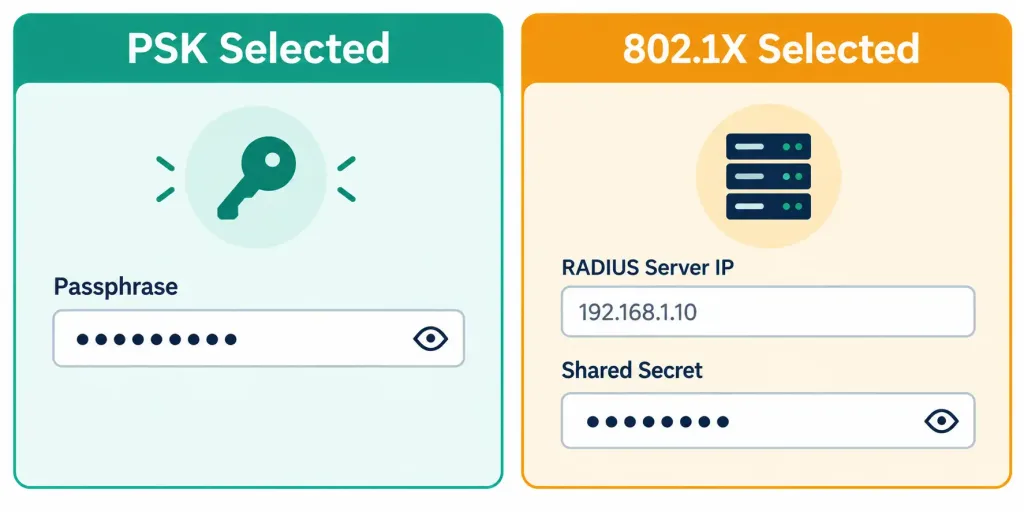 Configure Wlan Using Wpa2 Psk (Gui) 5 Comparison Showing The Different Fields That Appear In A Wlan Gui Depending On Whether Psk Or 802.1X Is Selected