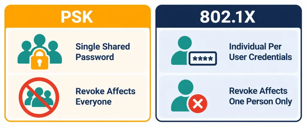 Configuring Wlan Components For Client Connectivity (Gui) 3 Comparison Of Psk And 802.1X Authentication, Showing Psk'S Shared Password Versus 802.1X'S Individually Revocable Per-User Credentials