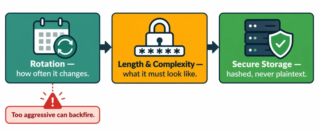 Describe Security Password Policy Elements 2 Diagram Showing The Three Core Elements Of Password Management Policy: Rotation, Complexity, And Secure Storage