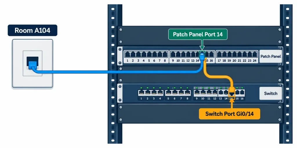Lesson 2.4.1 — Rack, Cabling &Amp; Facility Considerations 4 Diagram Showing A Wall Outlet'S Permanent Cable Terminating At A Patch Panel, Cross-Connected Via A Patch Cord To A Switch Port