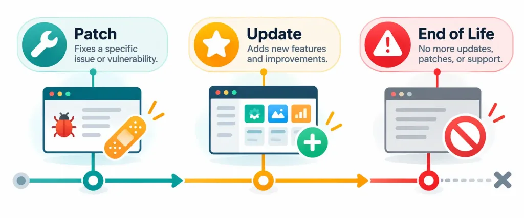 Lesson 3.2: The Purpose Of Operating Systems 5 Timeline Showing The Progression From A Patch To A Broader Update To An Operating System Reaching End Of Life