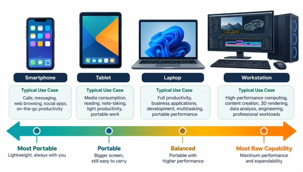 Lesson 2.1 — Common Computing Devices And Their Purposes 2 Diagram Showing Smartphones, Tablets, Laptops, And Workstations Along A Spectrum From Most Portable To Most Capable