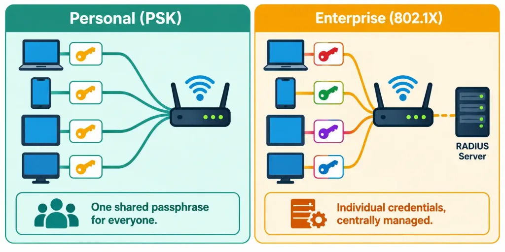 Describe Wireless Security Protocols 5 Comparison Diagram Showing Shared-Passphrase Personal Mode Versus Individually Authenticated Enterprise Mode Via Radius