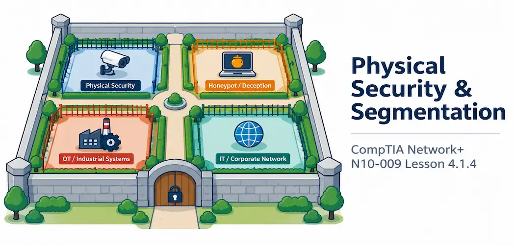 Lesson 4.1.4 — Physical Security, Deception Technology &Amp; Segmentation Enforcement 1 Illustration Of A Walled Garden With Fenced Plots Each Containing A Camera, Trap, Gear, And Globe Icon