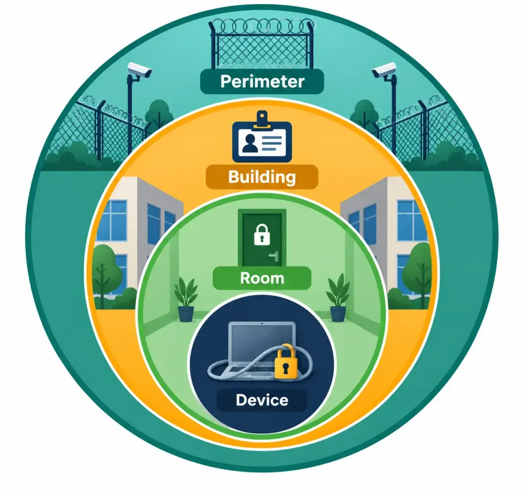 Describe Security Program Elements 4 Concentric Ring Diagram Showing Perimeter, Building, Room, And Device-Level Physical Security Controls