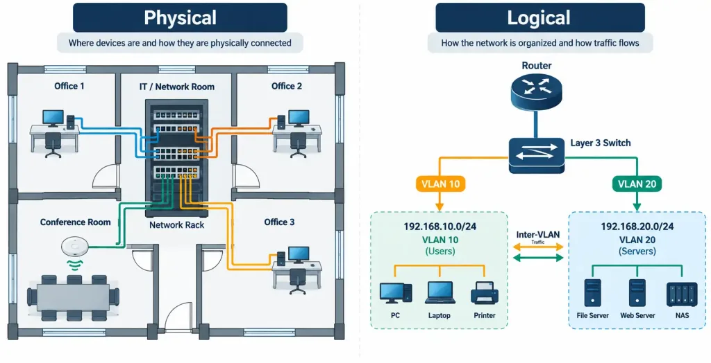 Lesson 3.1.1 — Documentation &Amp; Lifecycle Management 2 Diagram Comparing A Physical Floor-Plan-Based Network Diagram Against A Logical Diagram Showing Subnets, Vlans, And Traffic Flow