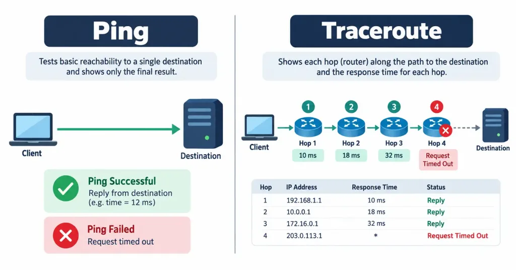 Lesson 5.5.1 — Software Troubleshooting Tools 2 Diagram Comparing Ping'S Simple Reachability Check Against Traceroute'S Hop-By-Hop Path Breakdown With Response Times