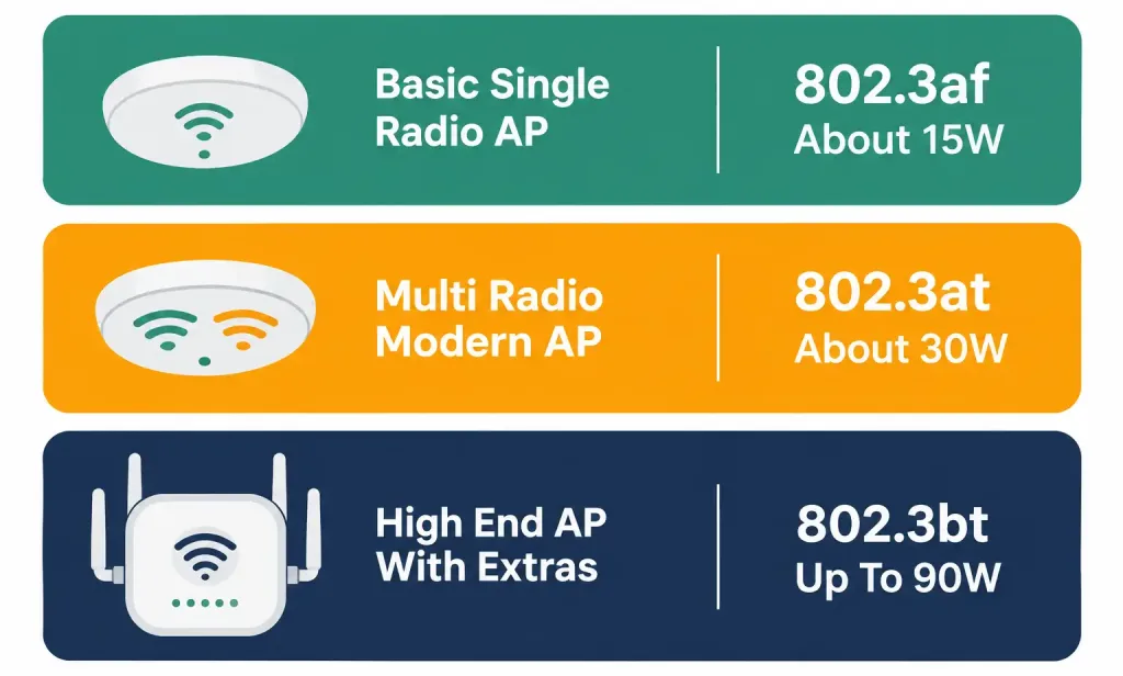 Physical Infrastructure Connections Of Wlan Components 3 Infographic Matching Poe Standards To Real Access Point Types, From Basic Single-Radio Aps To High-End Multi-Feature Models