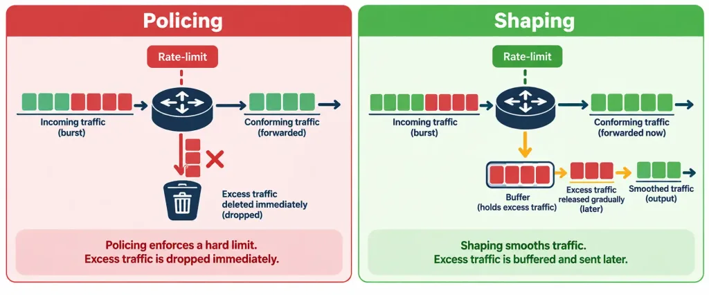 Explain The Forwarding Per-Hop Behavior (Phb) For Qos 5 Comparison Diagram Showing Policing Dropping Excess Traffic Immediately Versus Shaping Buffering And Delaying It