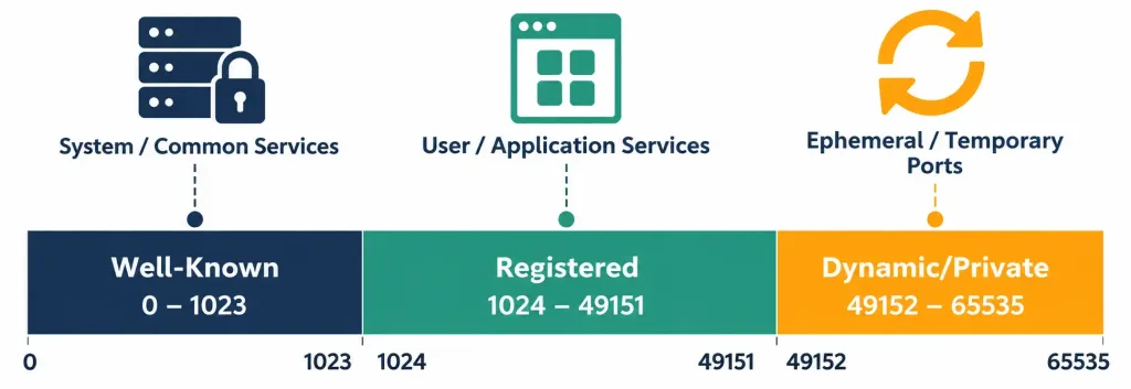 Lesson 1.4.1 — Common Ports And Protocols 2 Diagram Showing The Well-Known, Registered, And Dynamic/Private Port Number Ranges