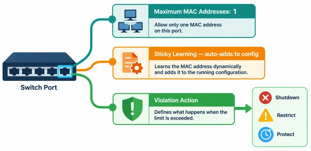 Configure Layer 2 Security Features 5 Diagram Showing The Three Core Elements Of A Port Security Configuration: Mac Limit, Sticky Learning, And Violation Action