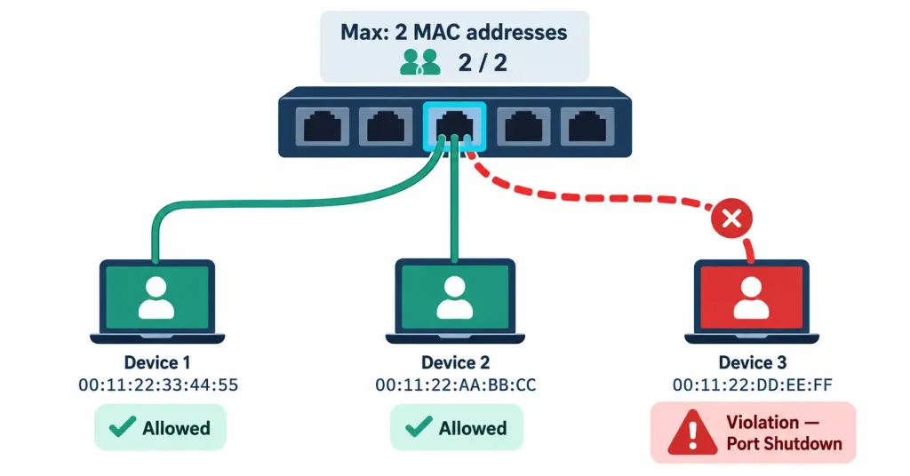 Lesson 4.3.1 — Device Hardening &Amp; Network Access Control 2 Diagram Showing A Switch Port Allowing Only Two Mac Addresses And Shutting Down When A Third, Unauthorized Device Attempts To Connect