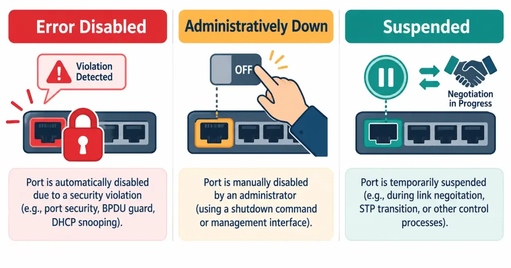 Lesson 5.2.2 — Interface, Poe &Amp; Transceiver Issues 3 Diagram Comparing Error Disabled, Administratively Down, And Suspended Port States And What Triggers Each