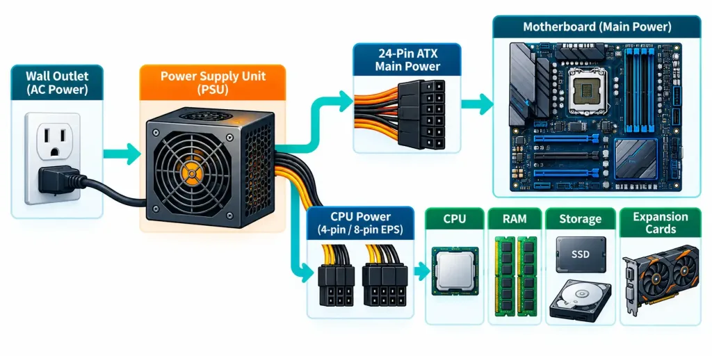 Lesson 2.2: Internal Computing Components 7 Diagram Of Power Flowing From The Wall Outlet Through The Psu To Internal Components