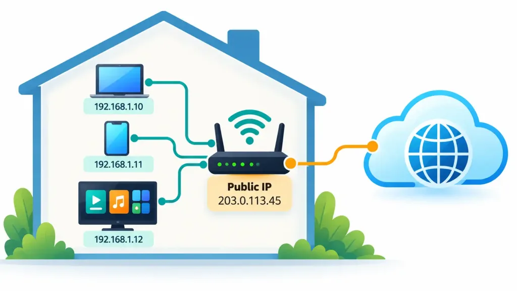 Lesson 2.8: Basic Networking Concepts 3 Diagram Showing Multiple Devices With Private Ip Addresses Sharing One Public Ip Address Through A Router