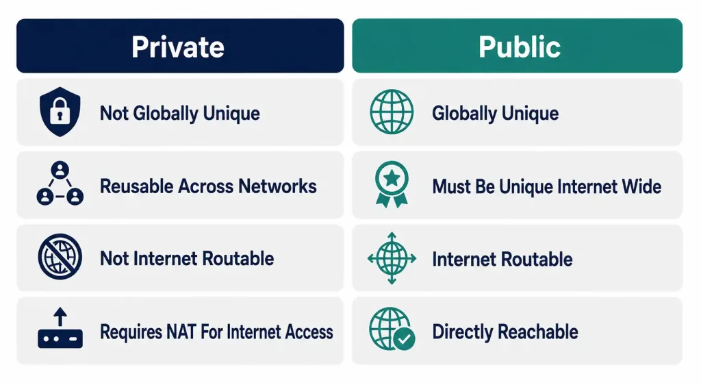 Private Ipv4 Addressing: Why Rfc 1918 Exists And How It Actually Works 7 Four-Row Comparison Of Private And Public Ip Addressing Across Uniqueness, Reusability, Routability, And Nat Requirements
