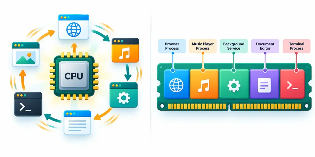 Lesson 3.1: Components Of An Operating System 4 Diagram Showing A Cpu Cycling Between Running Processes And A Ram Bar Divided Into Isolated Memory Segments Per Process