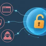 Flat Illustration Of A Translucent Orb Containing A Half-Open Padlock, Connected To Icons Representing A Browser, A Shield, And Anonymity Tools