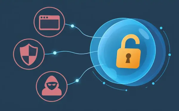 Flat Illustration Of A Translucent Orb Containing A Half-Open Padlock, Connected To Icons Representing A Browser, A Shield, And Anonymity Tools
