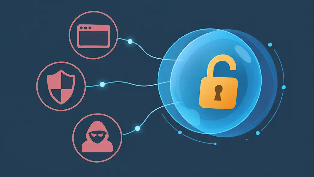 Proxy Orb Explained: What It Is, What It Actually Protects, And What It Doesn'T 1 Flat Illustration Of A Translucent Orb Containing A Half-Open Padlock, Connected To Icons Representing A Browser, A Shield, And Anonymity Tools