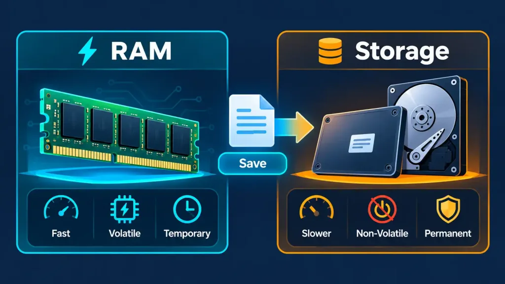 Lesson 2.3: Storage Types 2 Comparison Graphic Contrasting Volatile Ram With Non-Volatile Storage