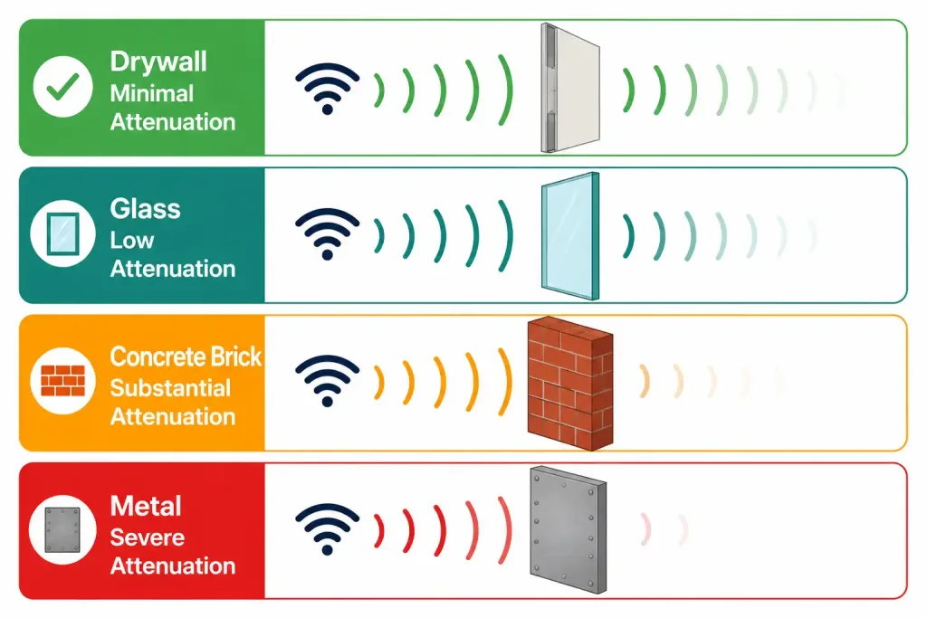Wireless Principles: Channels, Ssids, Rf Fundamentals, And Encryption 6 Infographic Comparing Rf Signal Attenuation Through Drywall, Glass, Concrete, And Metal, From Minimal To Severe