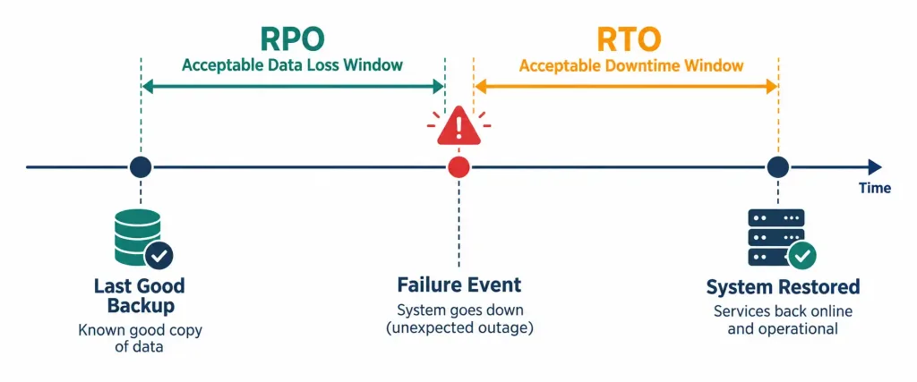 Lesson 3.3.1 — Disaster Recovery Concepts: Rpo, Rto, Mttr, Mtbf &Amp; Dr Sites 2 Diagram Showing Rpo Measuring Backward As Acceptable Data Loss And Rto Measuring Forward As Acceptable Downtime From A Failure Event