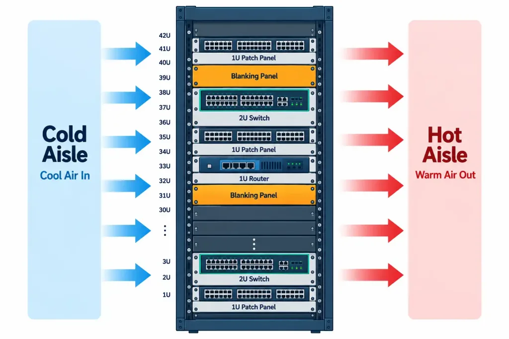 Lesson 2.4.1 — Rack, Cabling &Amp; Facility Considerations 3 Diagram Showing Rack Units Filled With A Switch, Patch Panel, Router, And Blanking Panels, With Cold And Hot Aisle Airflow