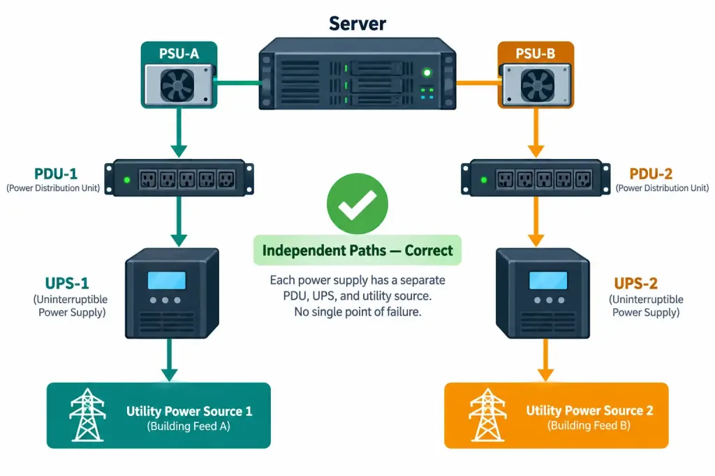 Lesson 2.4.2 — Power And Environmental Factors 3 Diagram Showing Two Power Supplies Each Connected Through Their Own Separate Pdu And Ups Path