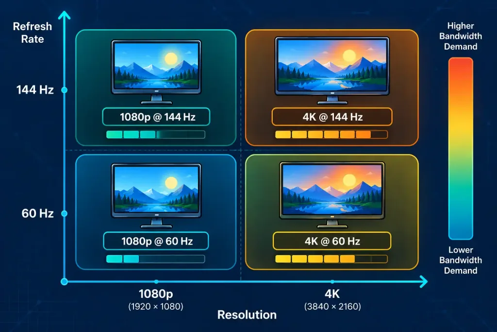 Lesson 2.5.2: Display Ports And Video Technology 5 Grid Showing Bandwidth Demand Increasing With Higher Resolution And Refresh Rate Combinations