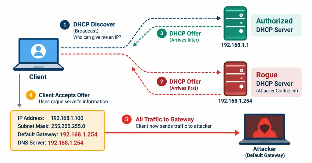 Lesson 4.2.2 — Rogue Devices, Evil Twin &Amp; Social Engineering 2 Diagram Showing A Client Accepting A Malicious Dhcp Offer From A Rogue Server Instead Of The Authorized Server, Redirecting Its Gateway