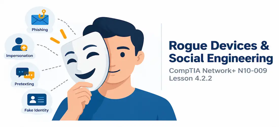 Lesson 4.2.2 — Rogue Devices, Evil Twin &Amp; Social Engineering 1 Illustration Of A Convincing Mask Hovering In Front Of A Plain Face, Representing Deception And Impersonation