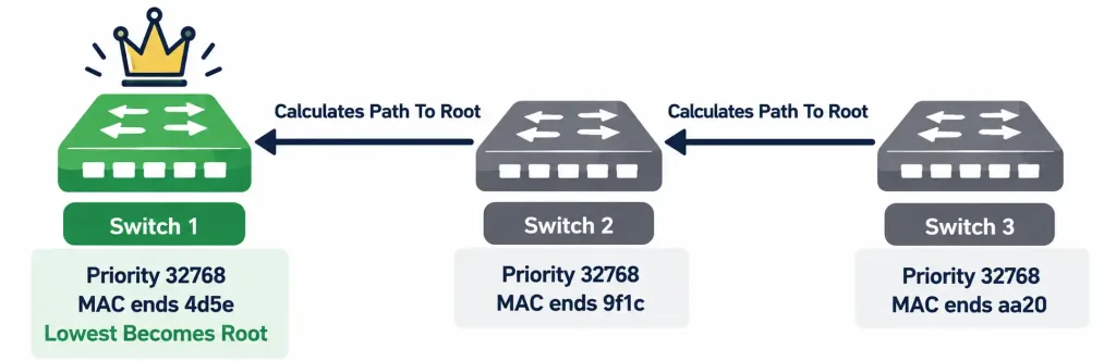 Interpreting Basic Operations Of Rapid Pvst+ Spanning Tree Protocol 2 Diagram Showing Three Switches With Identical Priority Values, Where The Switch With The Lowest Mac Address Wins Root Bridge Election