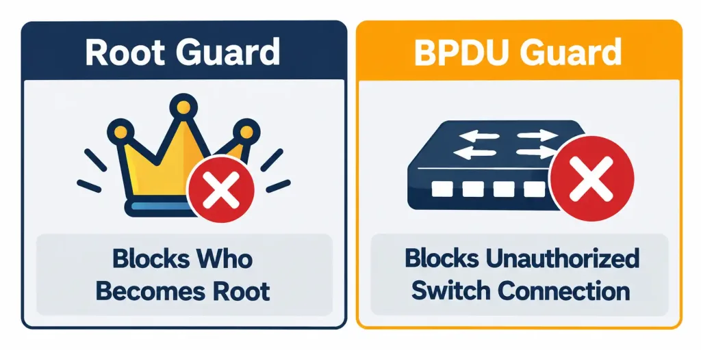 Interpreting Basic Operations Of Rapid Pvst+ Spanning Tree Protocol 6 Comparison Showing Root Guard Blocking Unauthorized Root Elections Versus Bpdu Guard Blocking Unauthorized Switch Connections On Access Ports