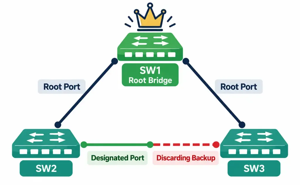 Interpreting Basic Operations Of Rapid Pvst+ Spanning Tree Protocol 4 Triangle Topology Diagram Showing Root Ports On Sw2 And Sw3 Facing The Root Bridge, And The Redundant Link Between Sw2 And Sw3 With One Designated Port And One Discarding Port