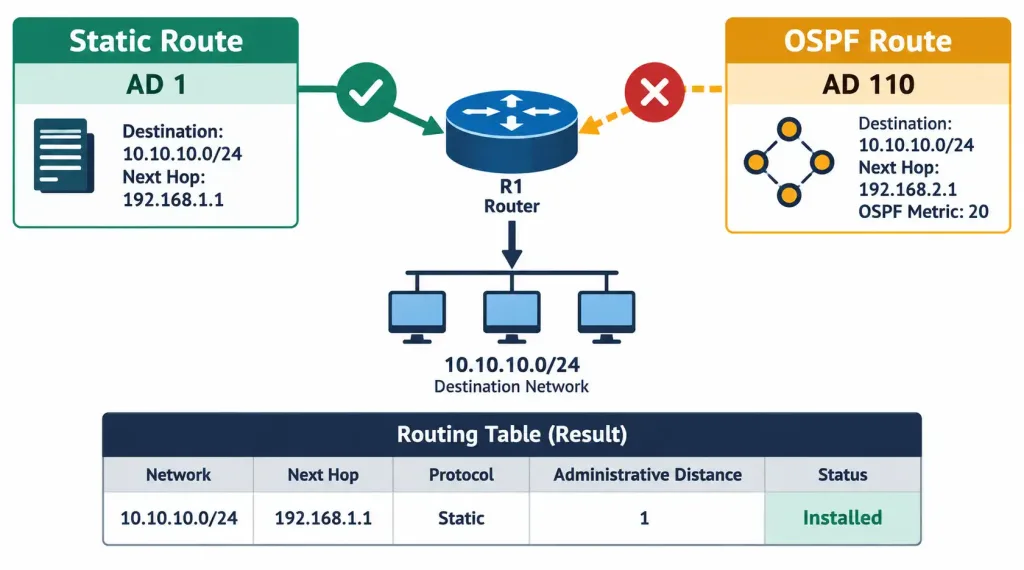 Lesson 5.3.1 — Troubleshooting Routing &Amp; Gateway Issues 2 Diagram Showing Two Candidate Routes To The Same Destination With The Lower Administrative Distance Route Being Installed In The Routing Table