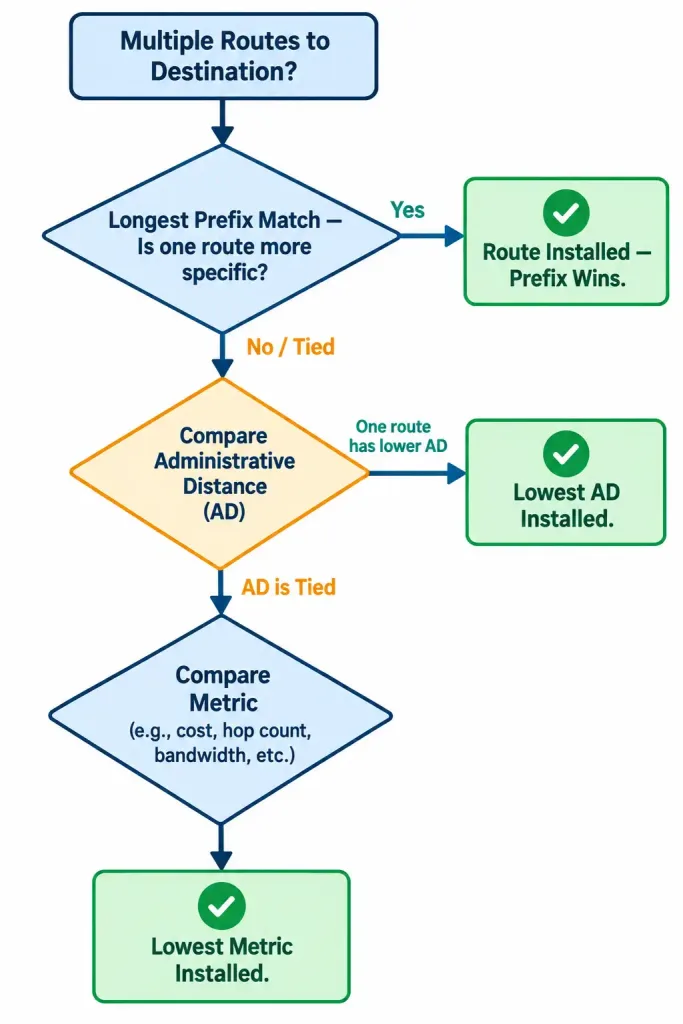 Lesson 2.1.1 — Static Routing, Route Selection &Amp; Administrative Distance 4 Flowchart Showing Router Route Selection Order: Longest Prefix Match, Then Administrative Distance, Then Metric