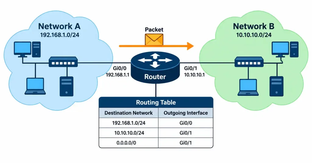 Lesson 1.2.1 — Core Infrastructure Devices 2 Diagram Of A Router Forwarding Packets Between Two Networks Using A Routing Table