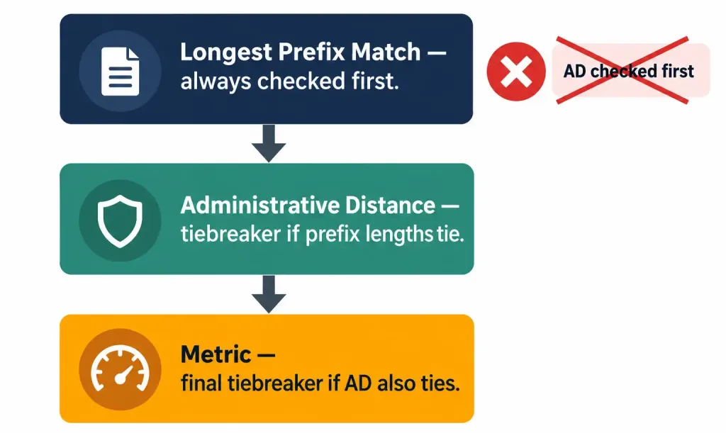 Determining How A Router Makes A Forwarding Decision By Default 2 Flowchart Showing Router Forwarding Decision Order: Longest Prefix Match, Then Administrative Distance, Then Metric