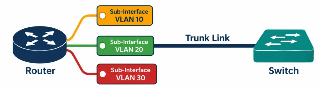 Configuring And Verifying Interswitch Connectivity: Trunking 6 Diagram Showing A Single Router Interface Divided Into Three Sub-Interfaces, Each Handling Routing For A Different Vlan Over One Trunk Link