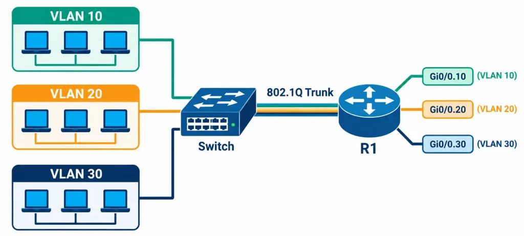 Lesson 2.1.5 — Subinterfaces And Router-On-A-Stick 2 Diagram Showing A Single Trunk Link And Router Subinterfaces Handling Three Separate Vlans