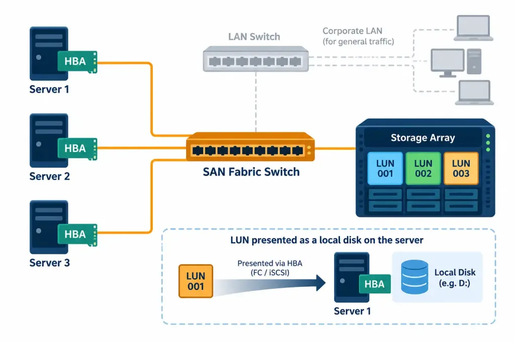 Lesson 1.2.4 — Storage Appliances 3 Diagram Of A San Fabric Showing Hbas, A Dedicated Switch, And Luns Presented As Local Disks