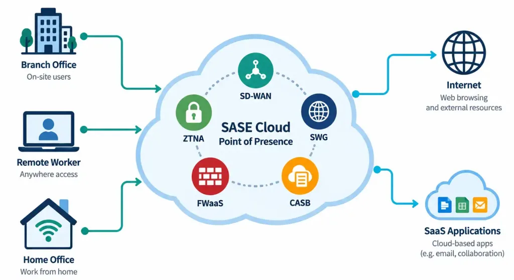 Lesson 1.8.3 — Zero Trust And Sase/Sse 3 Diagram Of Sase Cloud Architecture Showing Sd-Wan, Swg, Casb, Fwaas, And Ztna Converged At A Cloud Point Of Presence Serving Branch, Remote, And Home Users
